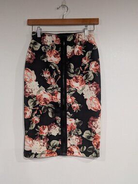 H&M Floral Scuba Fabric Skirt with Zipper Black Pink Size XS